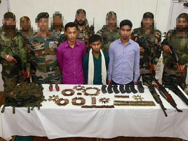 ULFA (I) cadres apprehended along with sophisticated arms and ammunition by security forces in Tarani Reserve Forest on Tuesday [Photo/ANI]