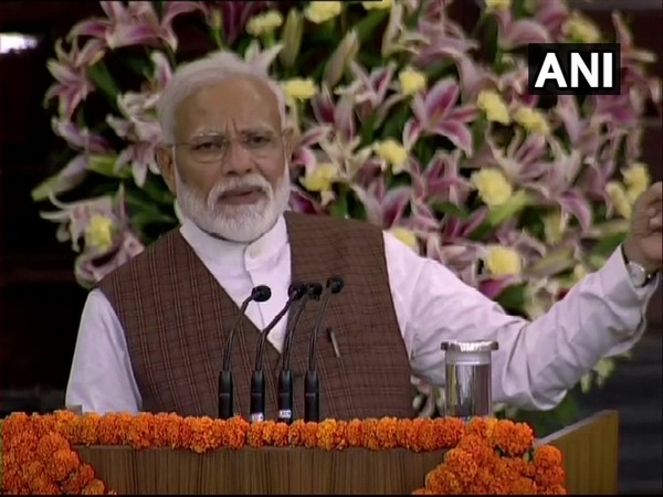 Prime Minister Narendra Modi addressing newly elected MPs in parliament's central hall on Saturday. Photo/ANI 