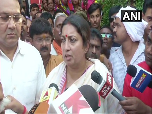 Newly elected BJP MP Smriti Irani talking to reporters in Amethi, Uttar Pradesh on Sunday. Photo/ANI