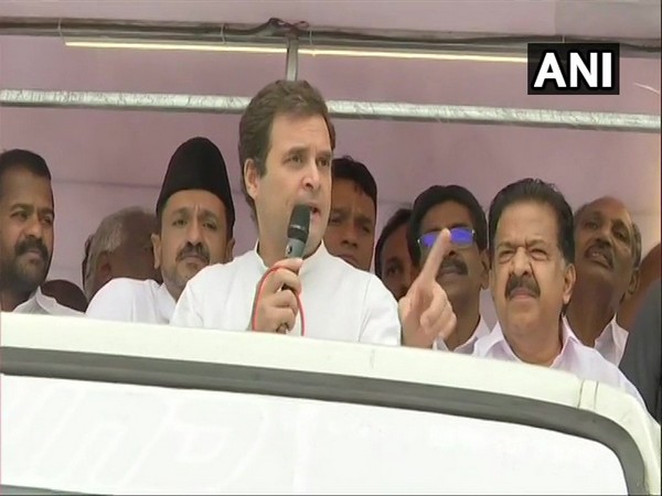 Congress President Rahul Gandhi during a roadhow in Kalpetta town of Wayanad in Kerala on Saturday. (Photo/ANI)