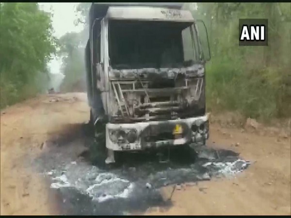 An image of a vehicle that was torched by Naxals in Sukma district on Saturday. Photo/ANI