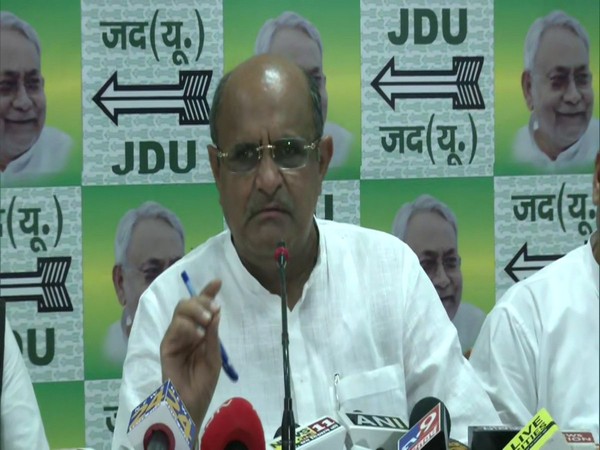 JDU leader KC Tyagi addressing a press conference in Patna, Bihar on Sunday. Photo/ANI