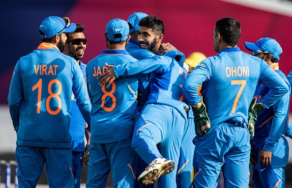 Indian team celebrating a wicket against Australia in World Cup on Sunday. (Photo/ BCCI Twitter)