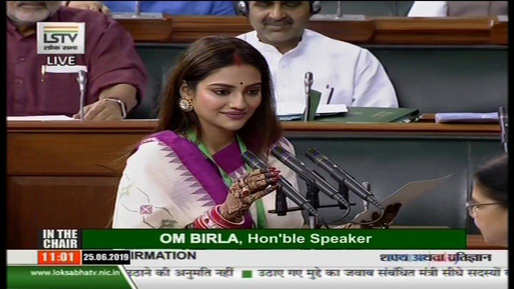 Nusrat Jahan taking oath as MP on June 25. (Picture Courtesy: LS TV)