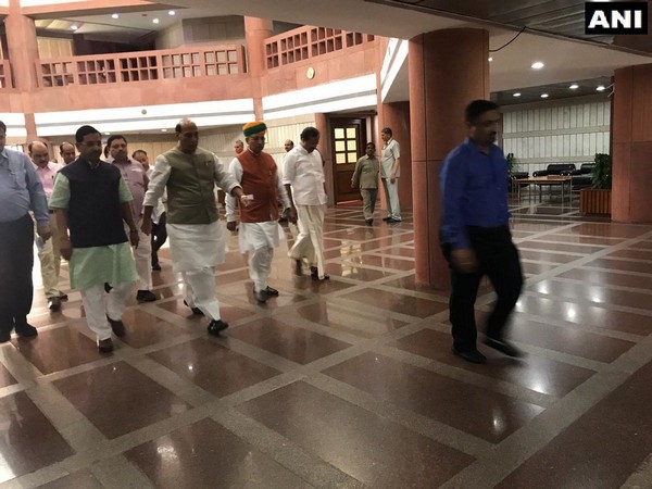 Defence Minister Rajnath Singh arrives at the Parliament for the all-party meet on Sunday.