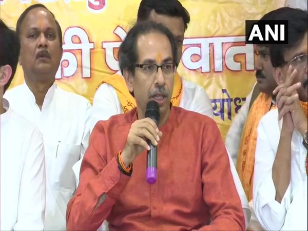 Shiv Sena chief Uddhav Thackeray speaking to media persons in Ayodhya on Sunday. Photo/ANI