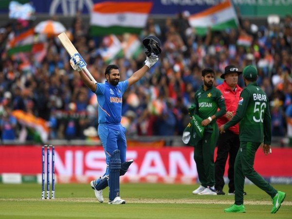 Rohit Sharma celebrates after scoring century against Pakistan (Photo/Cricket World Cup Twitter)