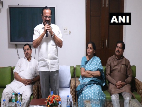 Union Ministers D V Sadanand Gowda, Nirmala Sitharaman, Pralhad Joshi and Suresh Angadi at BJP MPs meet in New Delhi on Wednesday. (Photo/ANI)