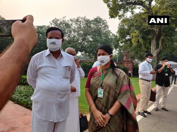 DMK MPs protest against NEET at the Parliament premises on Monday. [Photo/ANI]