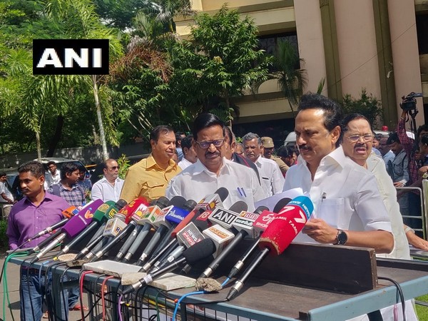 DMK chief MK Stalin speaking to reporters after the all party meet on Wednesday. Photo/ANI