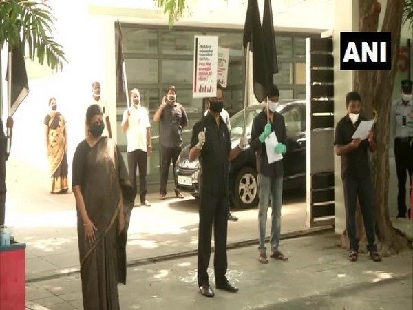 DMK chief MK Stalin protests outside his residence in Chennai on Thursday.