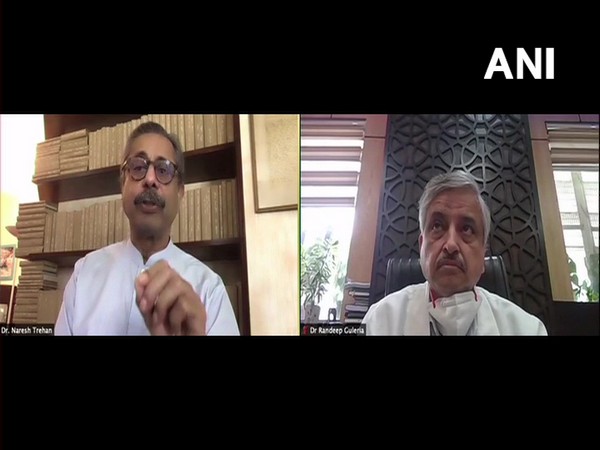 Visual of Dr Naresh Trehan (left) and Dr Randeep Guleria in conversation with ANI