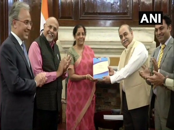 Members of the Task Force submitting the report to Finance Minister Nirmala Sitharaman (in centre) in New Delhi on Monday.