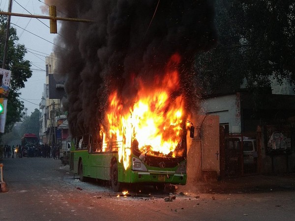 Visuals of DTC bus on fire in New Delhi on Sunday. photo/ANI