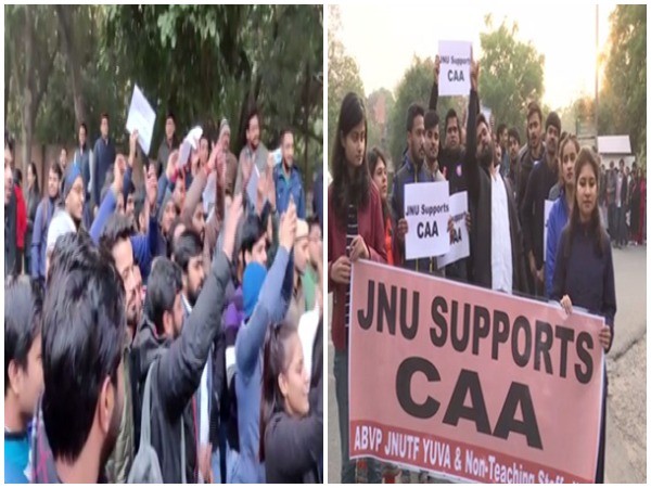 Delhi University (DU) students, left, and JNU students during a march in support of CAA in New Delhi on Wednesday. Photo/ANI