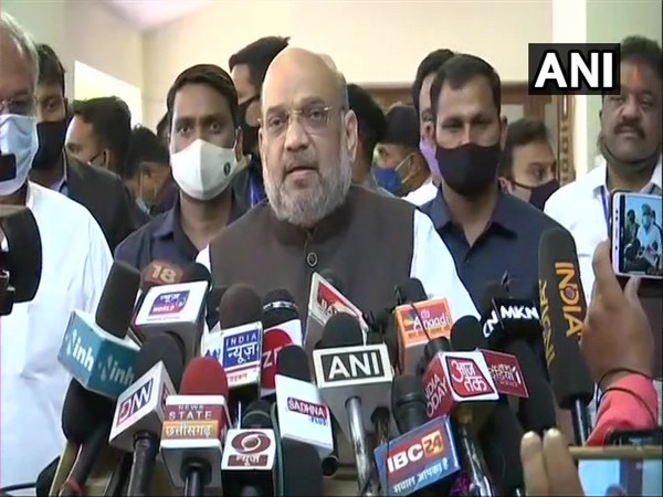 Union Home Minister Amit Shah interacting with reporters on Monday in Jagdalpur.