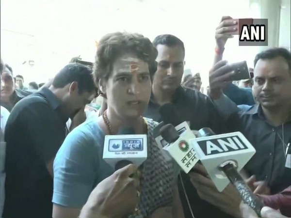 Congress leader Priyanka Gandhi Vadra talking to media persons in Varanasi, UP, on July 20. Photo/ANI