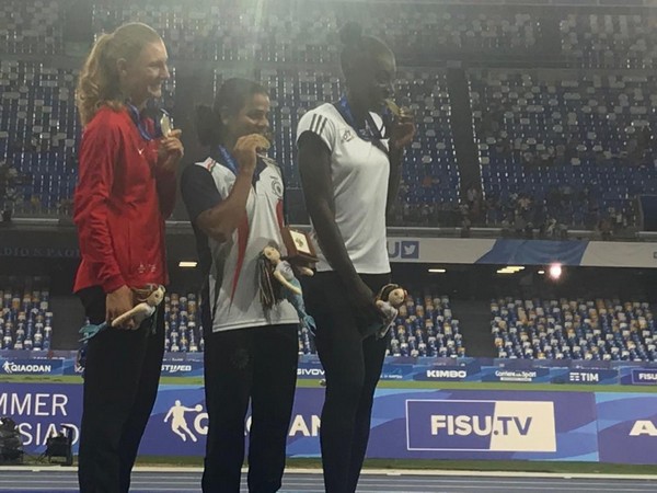 Sprinter Dutee Chand with her gold medal in Napoli (Photo/ Dutee Chand Twitter)