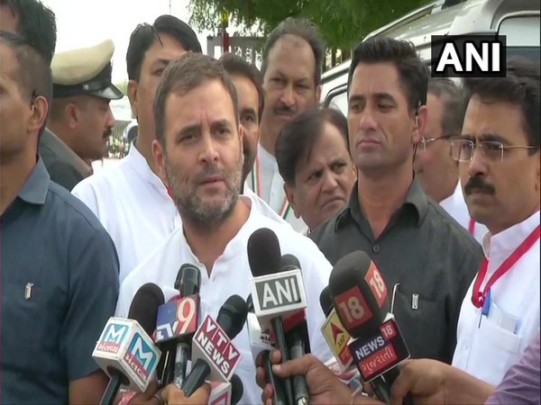 Congress president Rahul Gandhi speaking to reporters in Ahmedabad on Friday. Photo/ANI