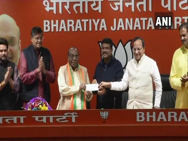 Former Odisha Minister Damodar Rout joins BJP in the presence of Union Minister Dharmendra Pradhan and BJP vice-president Baijayant Panda in Delhi on Thursday.