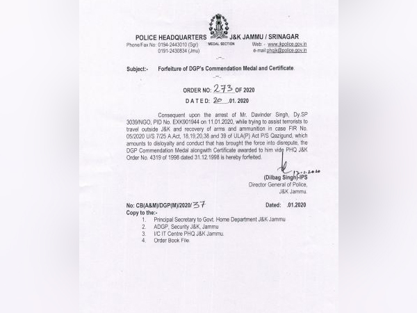 Suspended DSP Davinder Singh's DGP commendation medal along with certificate forfeited