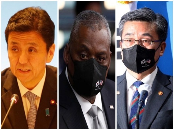 Japanese Defence Minister Kishi Nobuo, US Defence Secretary Lloyd Austin and South Korean Defence Minister Suh Wook. (Photo Credit - Reuters)