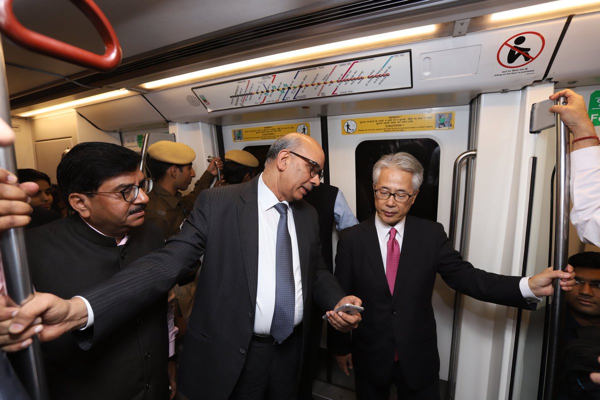 Japanese ambassador to India Satoshi Suzuki and DMRC MD Dr Mangu Singh inside a Delhi Metro train on Yellow Line (Photo Credits: DMRC)