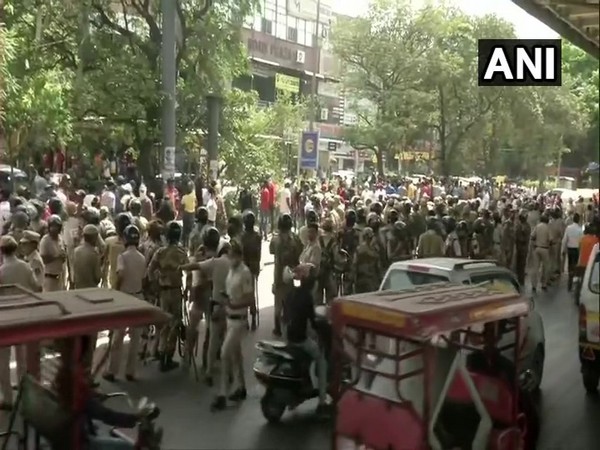 Visual of police deployed in Delhi's Tilak Nagar (Photo/ANI)