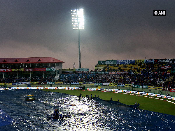 A view of Dharamshala stadium on Sunday evening where the match between India and South Africa was called off due to inclement weather.