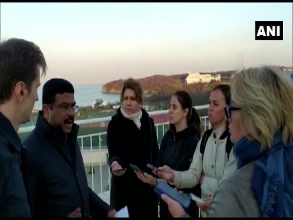 Union Minister Dharmendra Pradhan speaking to reporters in Vladivostok on Wednesday.