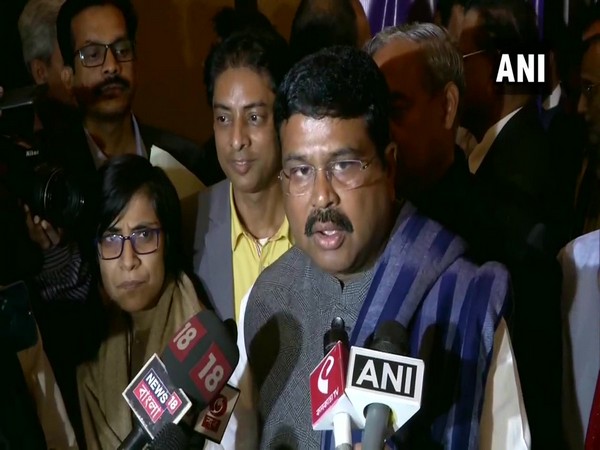 Union Min Dharmendra Pradhan speaking to reporters in Kolkata on Saturday.
