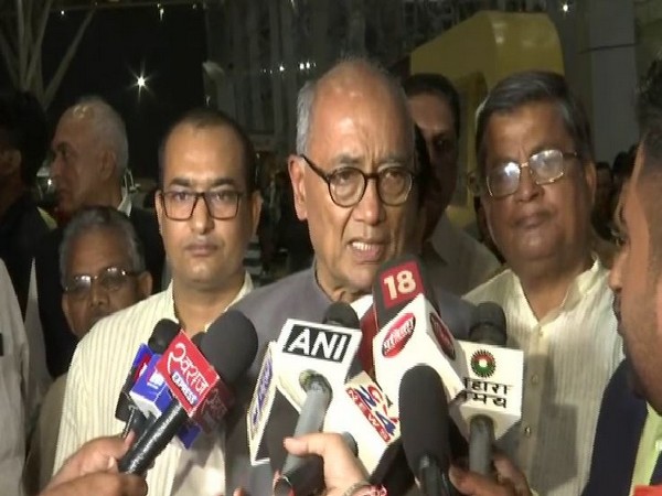 Senior Congress leader Digvijaya Singh talking to reporters in Raipur on Friday. Photo/ANI