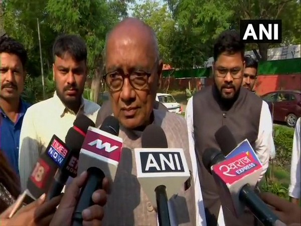 Digvijaya Singh speaking to reporters in New Delhi on Wednesday.
