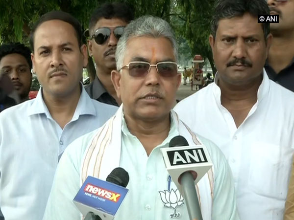 West Bengal BJP president Dilip Ghosh speaking to reporters in Kolkata on Saturday.