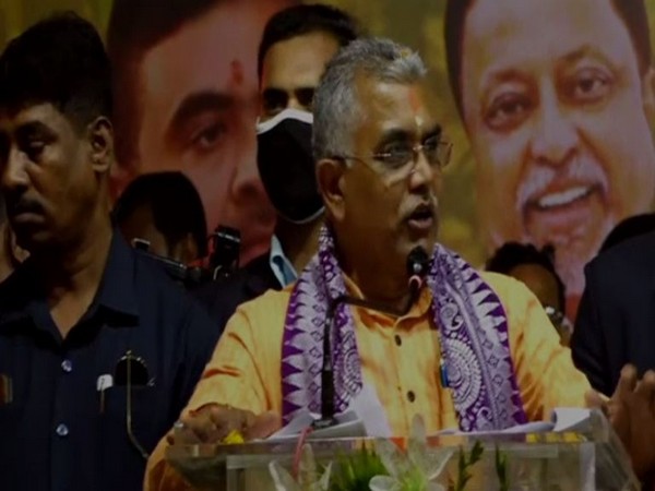 BJP West Bengal president Dilip Ghosh addressing a public meeting in Purba Medinipur on Friday [Photo/ANI]