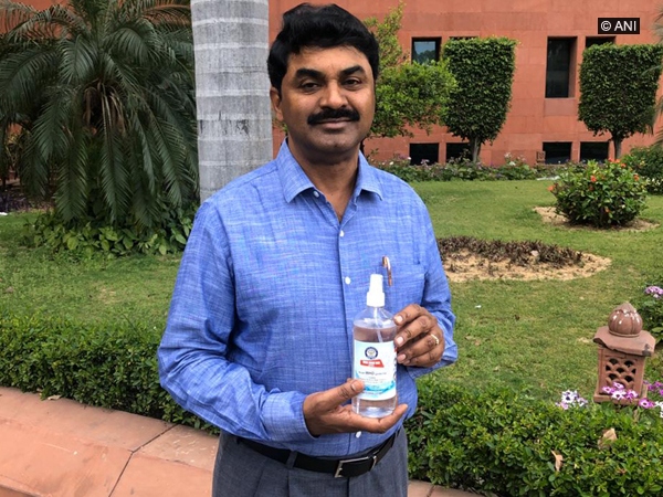 DRDO Chairman Dr G Satheesh Reddy with DRDO-made hand sanitiser in New Delhi. Photo/ANI