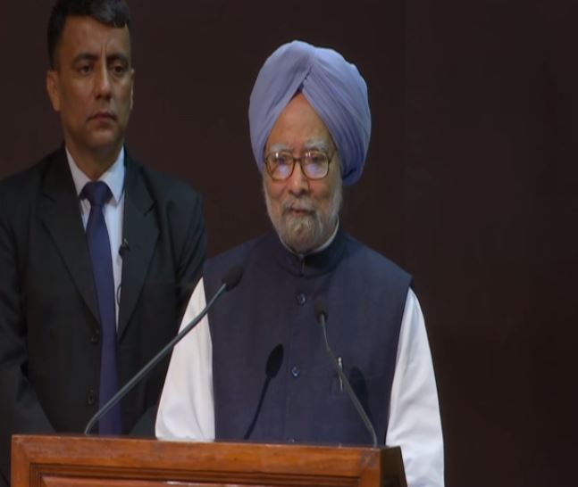 Former Prime Minister Dr Manmohan Singh speaking at the National Conclave on Economy in New Delhi on Friday. Photo/ANI