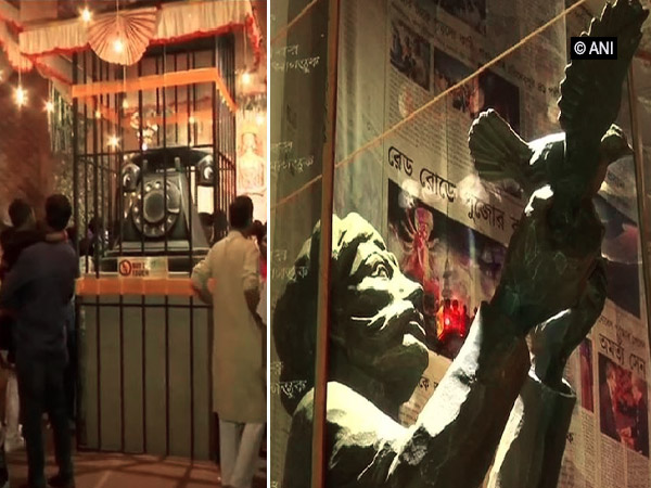 A Durga Puja pandal in Kolkata portrayed several models and mannequins, portraying changing modes of dissemination of information over the years. Photo/ANI