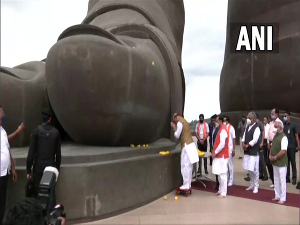 Defence Minister Rajnath Singh paid floral tribute to Sardar Vallabhbhai Patel in Kevadia. (Photo/ANI)