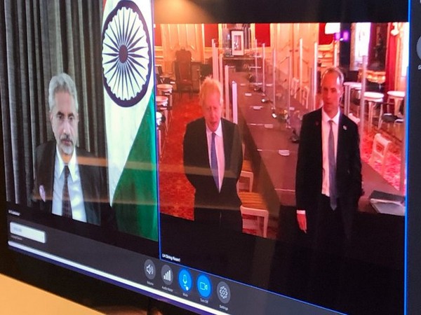 External Affairs Minister S Jaishankar with UK Prime Minister Boris Johnson and Foreign Secretary Dominic Raab at G7 foreign ministers' meeting (Credit: S Jaishankar/Twitter)