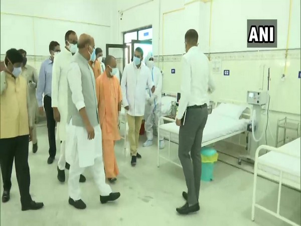 Defence Minister Rajnath Singh visits the Hindustan Aeronautics Limited (HAL) COVID-19 facility in Lucknow with Chief Minister Yogi Adityanath. (Photo/ANI)
