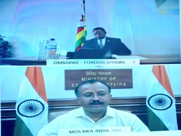 Union Minister of State for External Affairs V Muraleedharan interecting with Foreign Affairs Minister of Zimbabwe, Dr Frederick Shava. (Photo/Twitter handle of MOS)