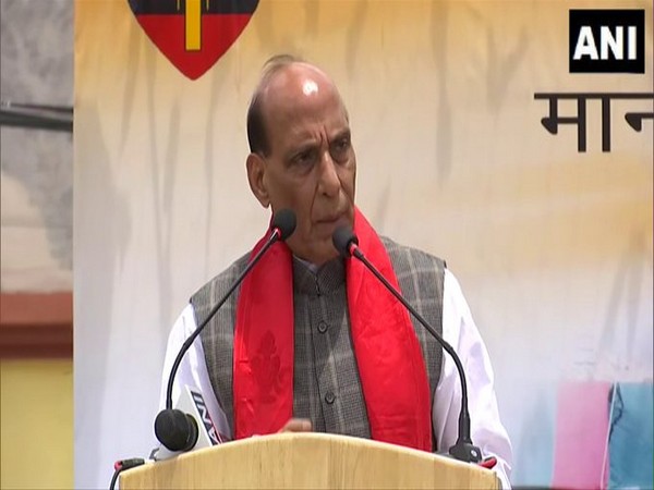 Defence Minister Rajnath Singh speaking in Leh on the first of his three-day visit. (Photo/ANI)