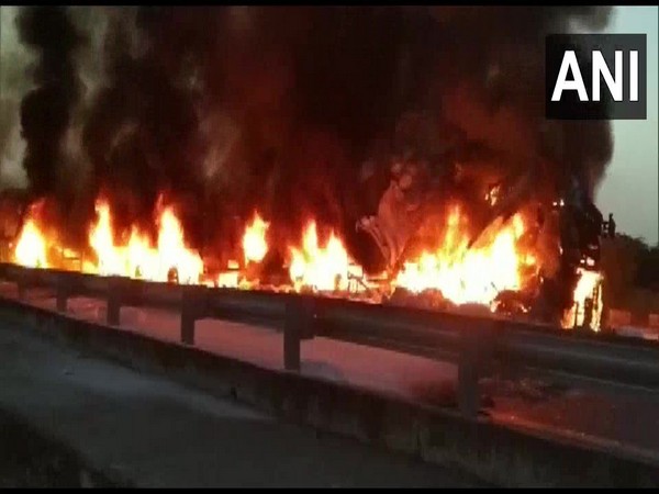 A visual of the burning trucks at NH 8 in Ajmer (Photo/ANI)