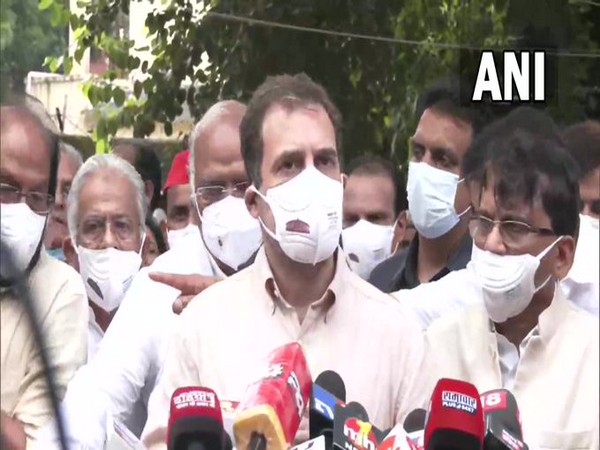 Congress leader Rahul Gandhi speaking to reporters at Jantar Mantar in New Delhi on Friday. [Photo/ANI]