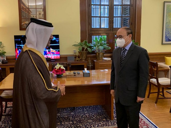 Foreign Secretary Harsh Vardhan Shringla with Qatar's Special Envoy Mutlaq bin Majed Al-Qahtani in New Delhi.