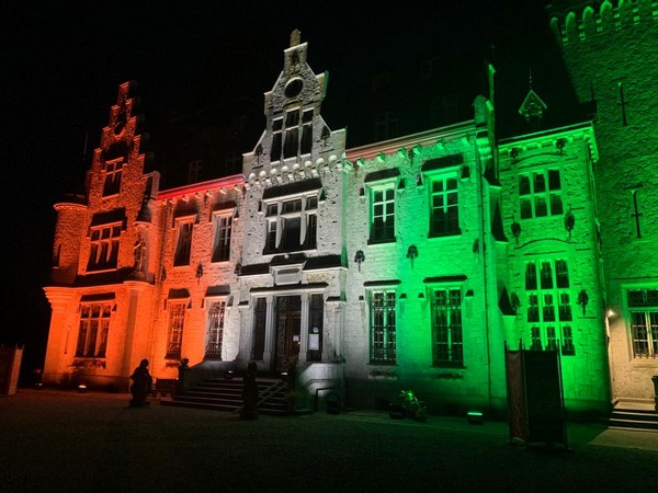 Belgium's iconic building 'Chateau de Petite Somme' lights up in hues of tri-colour to mark India's 75th Independence Day [Image Credits: @IndEmbassyBru]