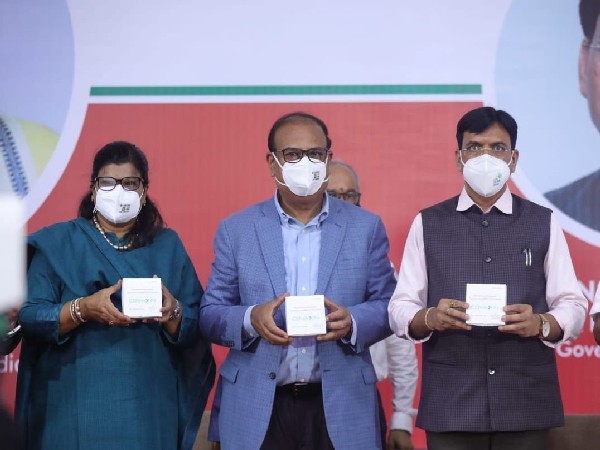 Union Health Minister Mansukh Mandaviya with Dr Krishna Ella, Chairman,MD, and Suchitra Ella, Joint-MD, Bharat Biotech (Photo/ANI)