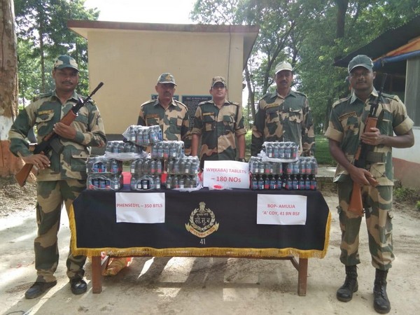 BSF troops recovered 12 bags containing 350 bottles of Phensedyl and 180 Yaba tablets in Raiganj on Tuesday.