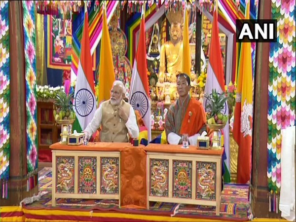 Prime Minister Narendra Modi and his Bhutanese counterpart Lotay Tshering at the Semtokha Dzong on Saturday. Photo/ANI